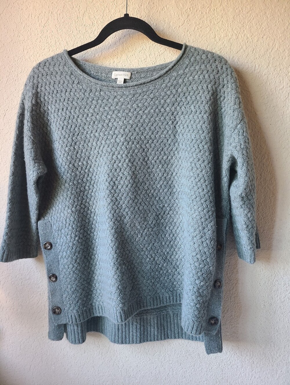 Garnet Hill Seafoam Blue Textured Knit Scoop-Neck Sweater Side Buttons Size S